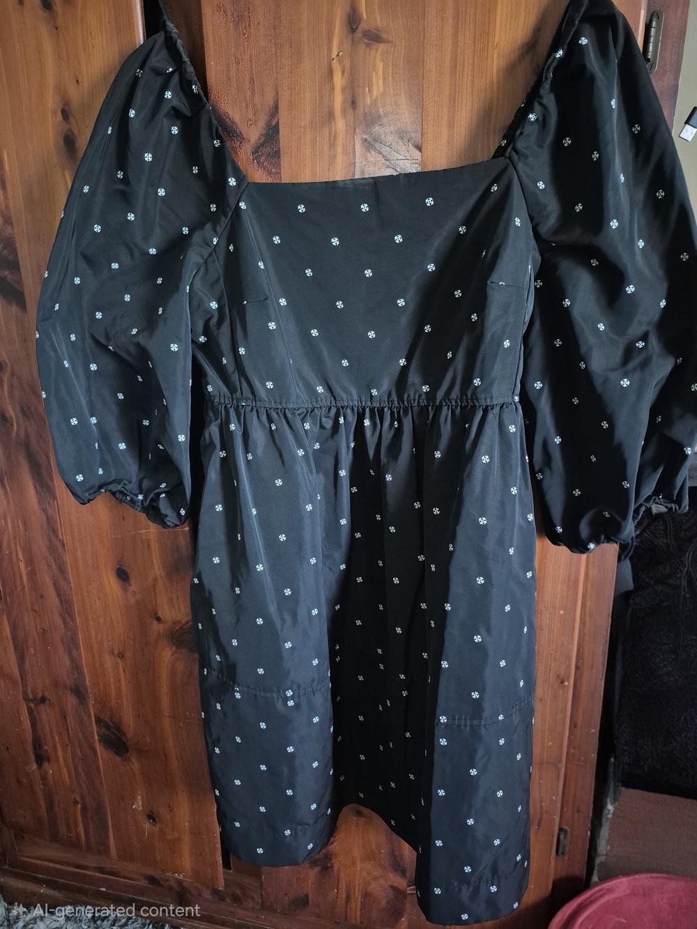 Black Puff Sleeve Square Neck Mini Dress with Tiny Floral Print